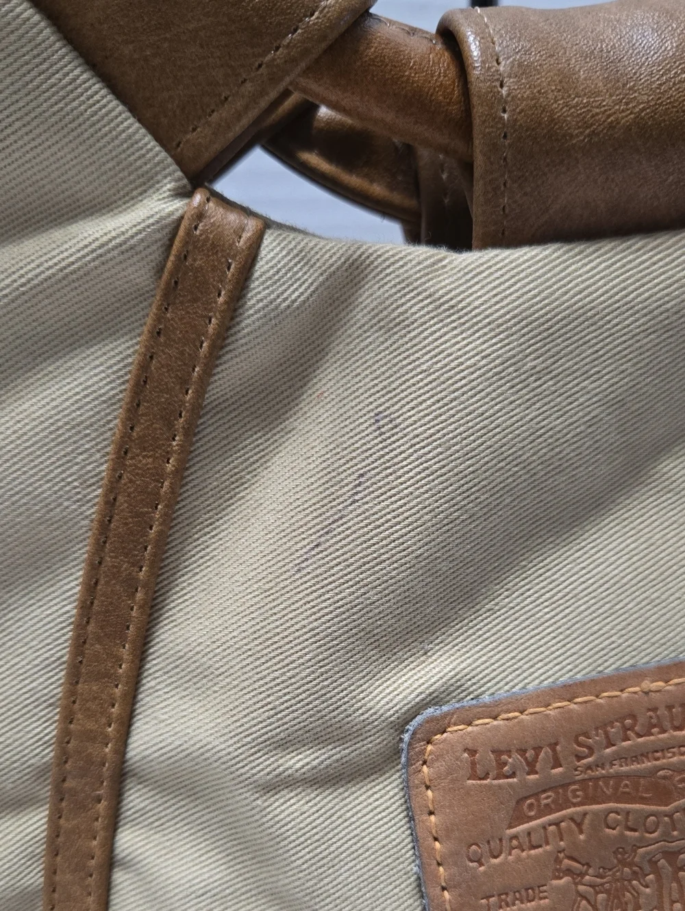 Levi's beige cotton canvas tote W/ brown leather trim & structural top handles